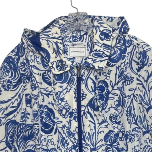 Charter Club Water Resistant Jacket Womens LP Large Petite Blue White Hooded Flo - Picture 3 of 9